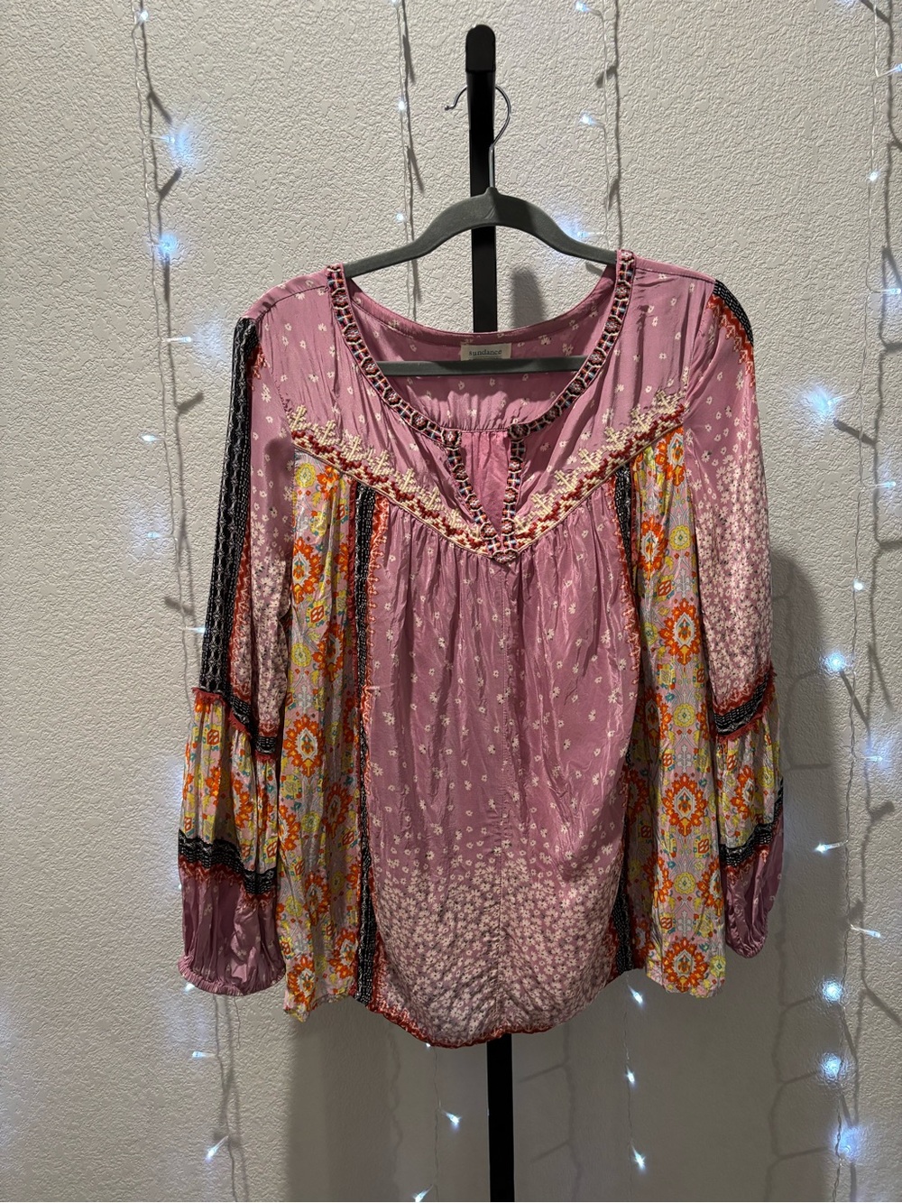 Sundance Mauve Floral-Print Boho Tunic with Multicolor Sleeves - Picture 2 of 10